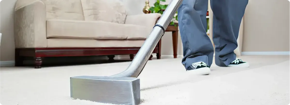 Carpet cleaning technician using a hot-water extraction wand on a light-colored carpet in a living room, Fort Collins, CO.